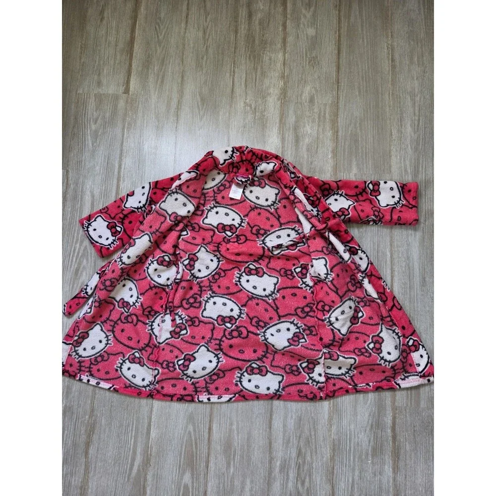 Hello Kitty Plush Fleece Bath Robe Pink Belted Kids Size 6 Cozy Sanrio EUC